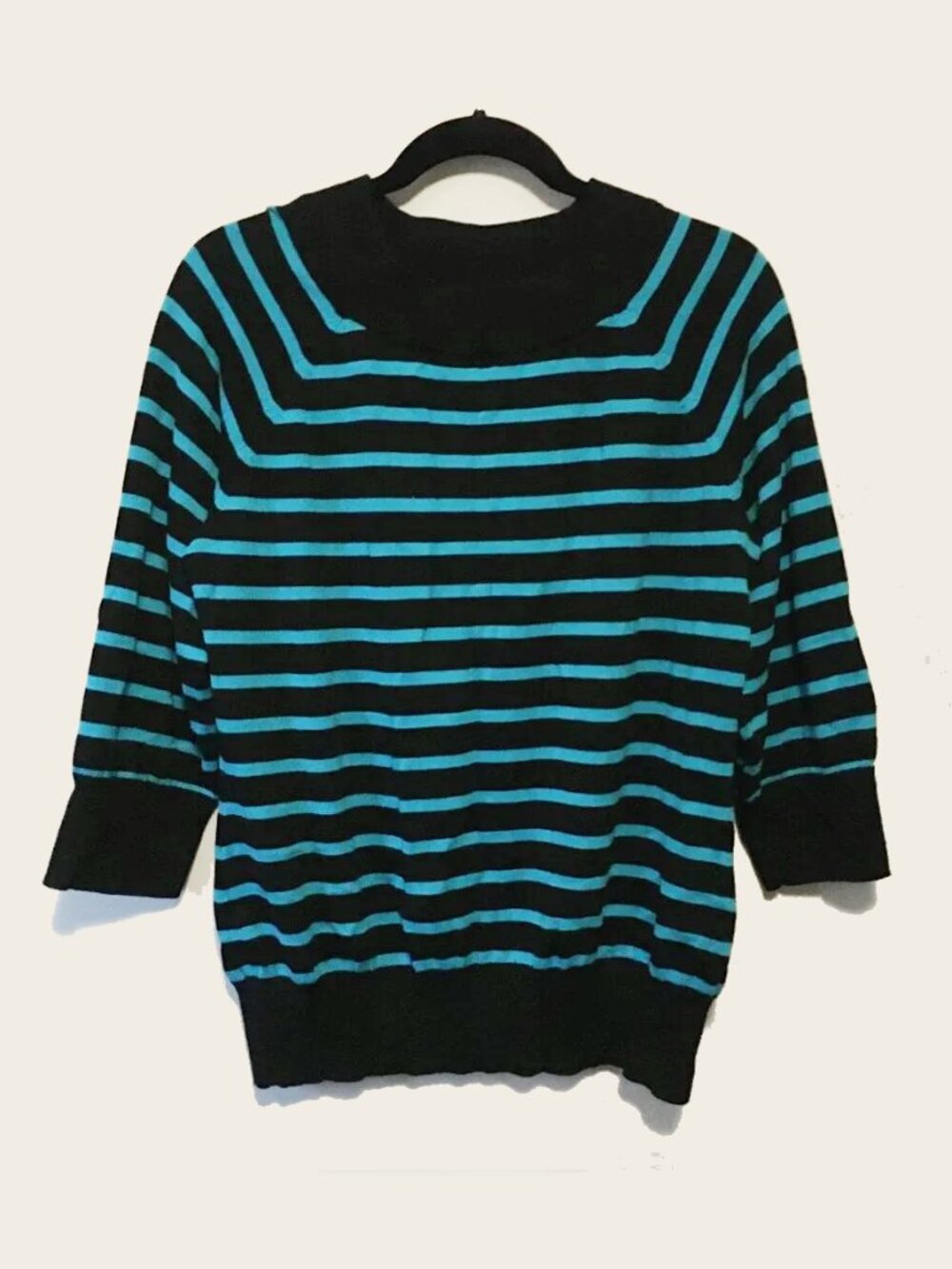 Vintage 90s Stripes Tradition Turquoise & Black Crewneck Cotton Rayon Sweater